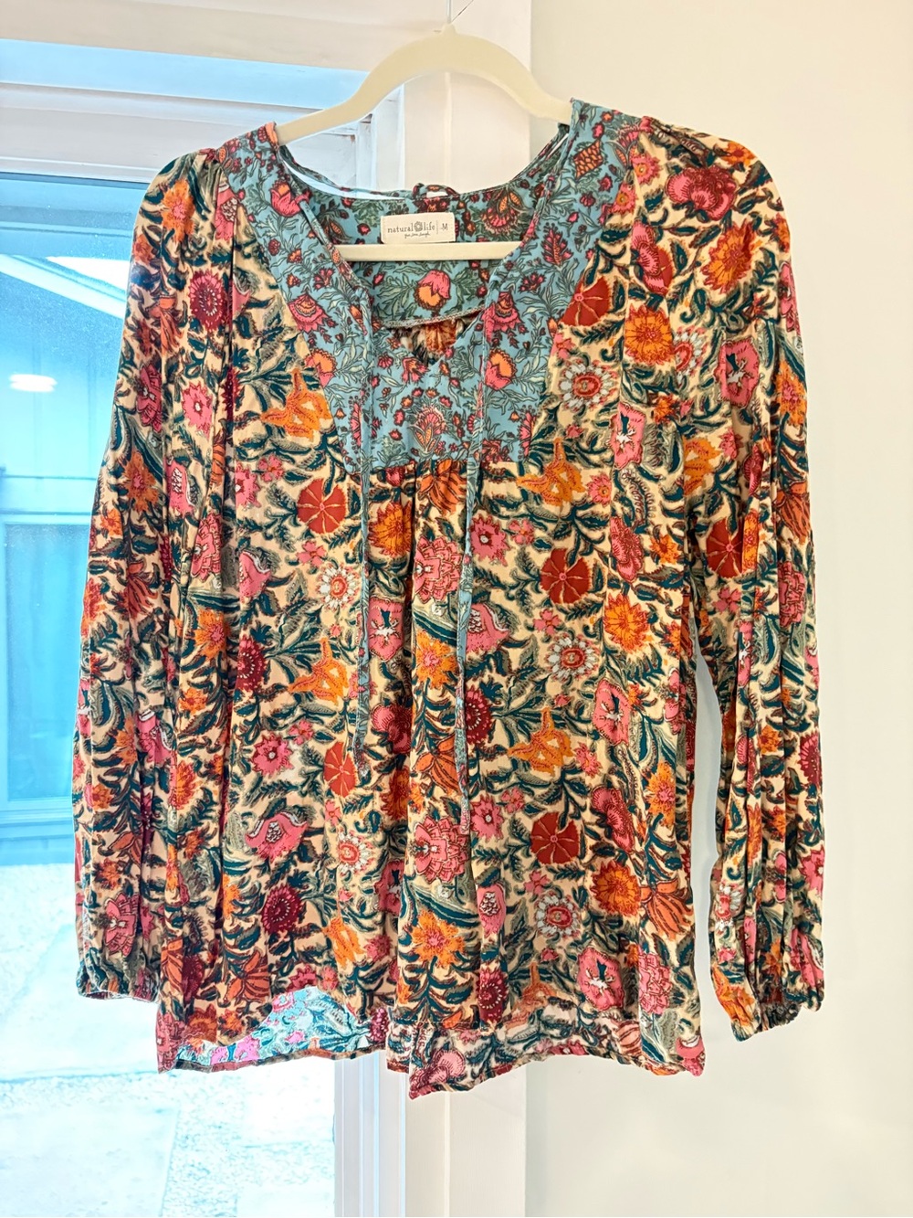 NATURAL LIFE Teal Yoke Floral Peasant Blouse with Pink and Orange Accents